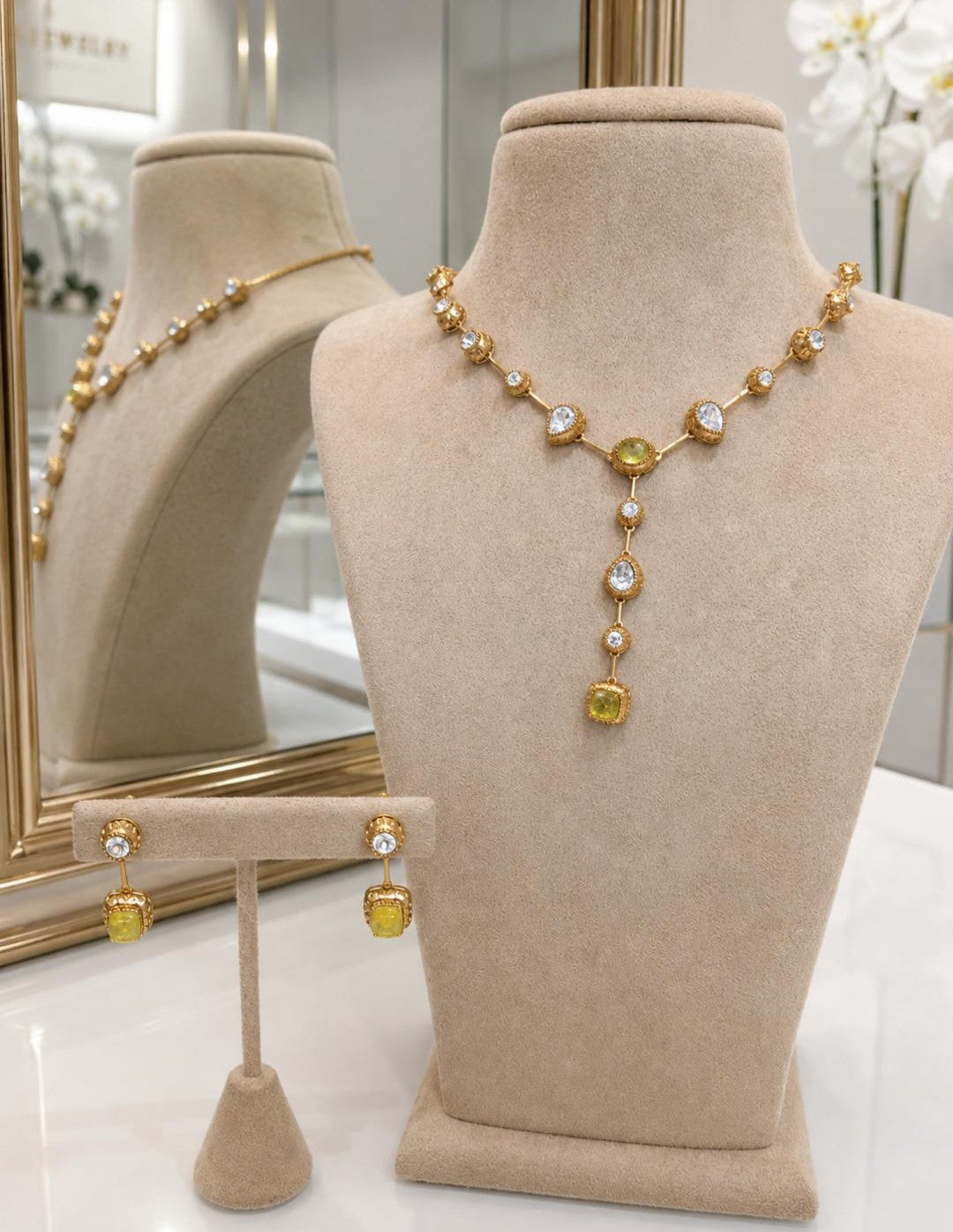 Lemon Yellow Stone Gold Plated Necklace Set with Matching Earrings