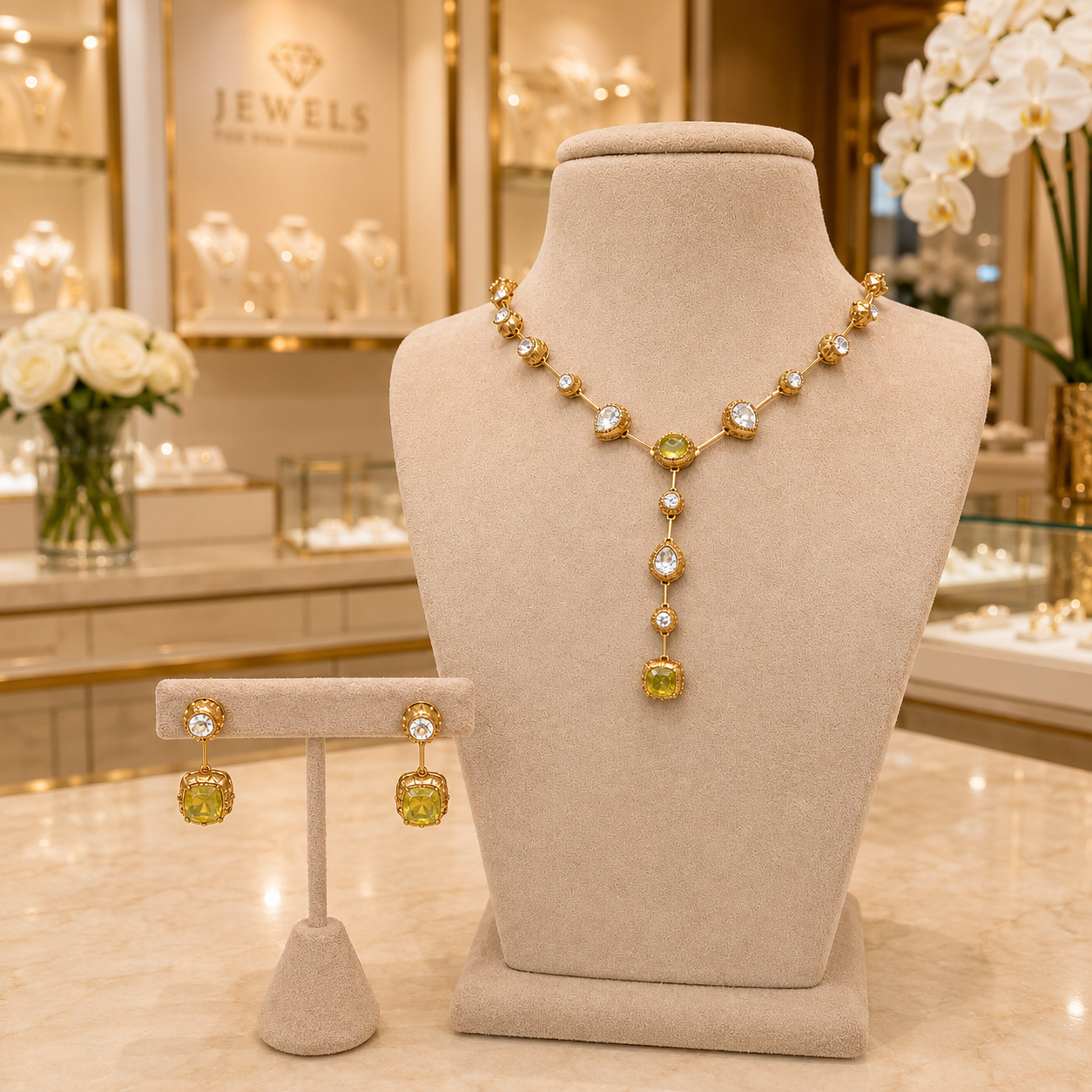 Lemon Yellow Stone Gold Plated Necklace Set with Matching Earrings