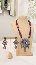 Magenta Beaded Oxidised Pendant Necklace Set with Matching Earrings