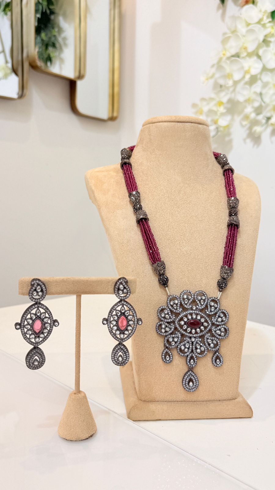 Magenta Beaded Oxidised Statement Pendant Necklace Set with Matching Earrings