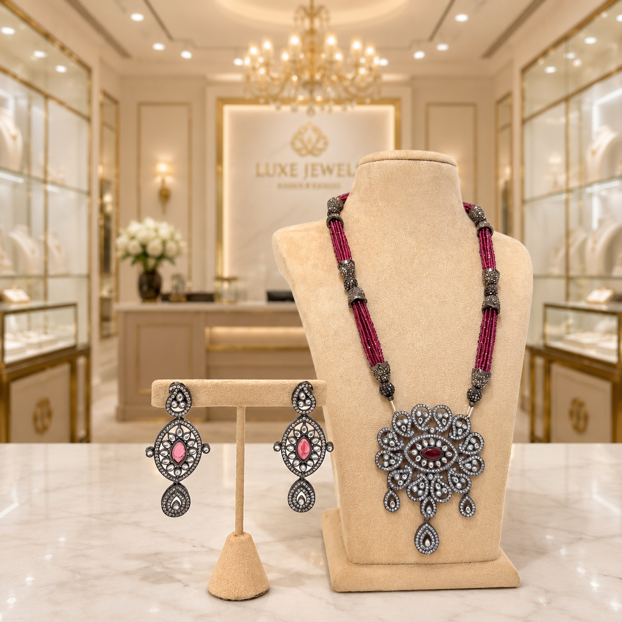Magenta Beaded Oxidised Statement Pendant Necklace Set with Matching Earrings