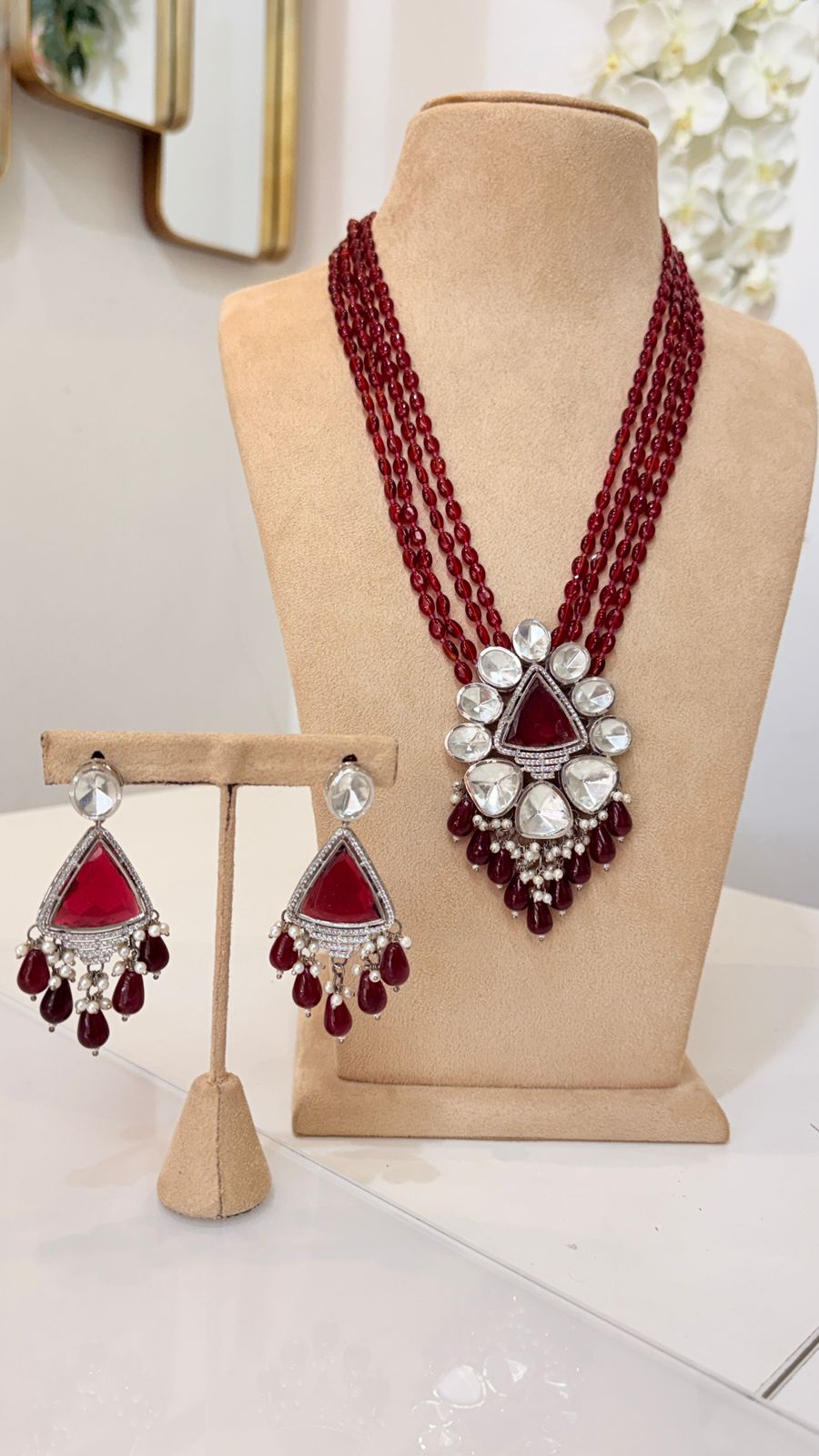 Maroon Beaded Kundan Pendant Necklace Set with Matching Earrings