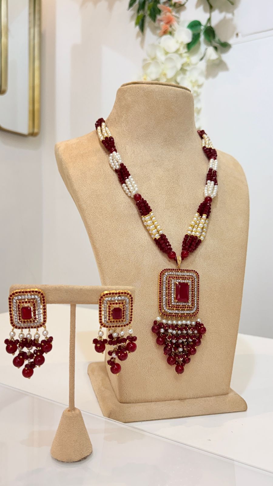 Maroon Beaded Square Pendant Necklace Set with Matching Earrings