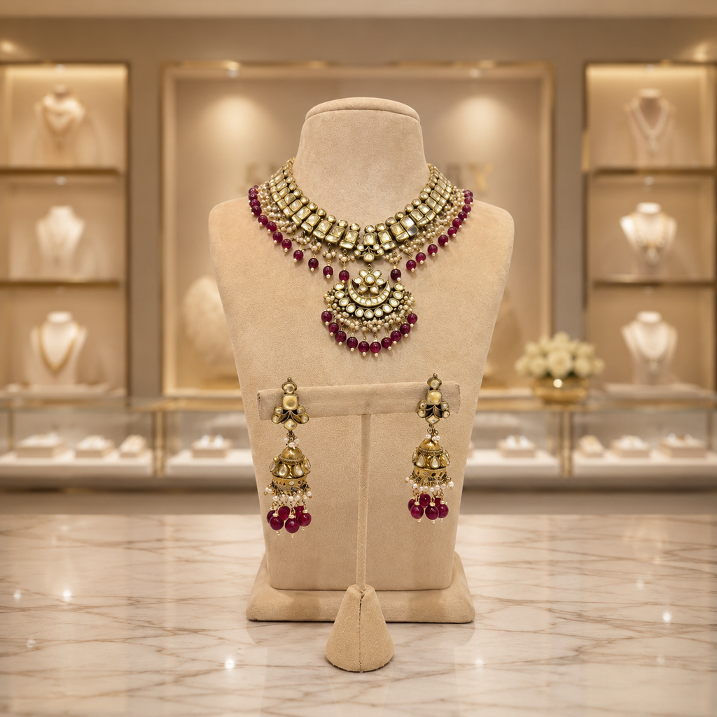 Maroon Bead Antique Gold Kundan Choker Set with Jhumka Earrings