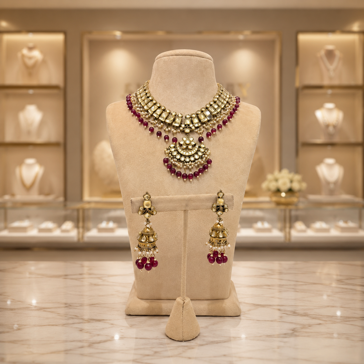 Maroon Bead Antique Gold Kundan Choker Set with Jhumka Earrings