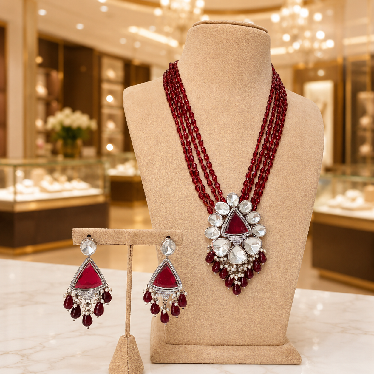 Maroon Beaded Kundan Pendant Necklace Set with Matching Earrings