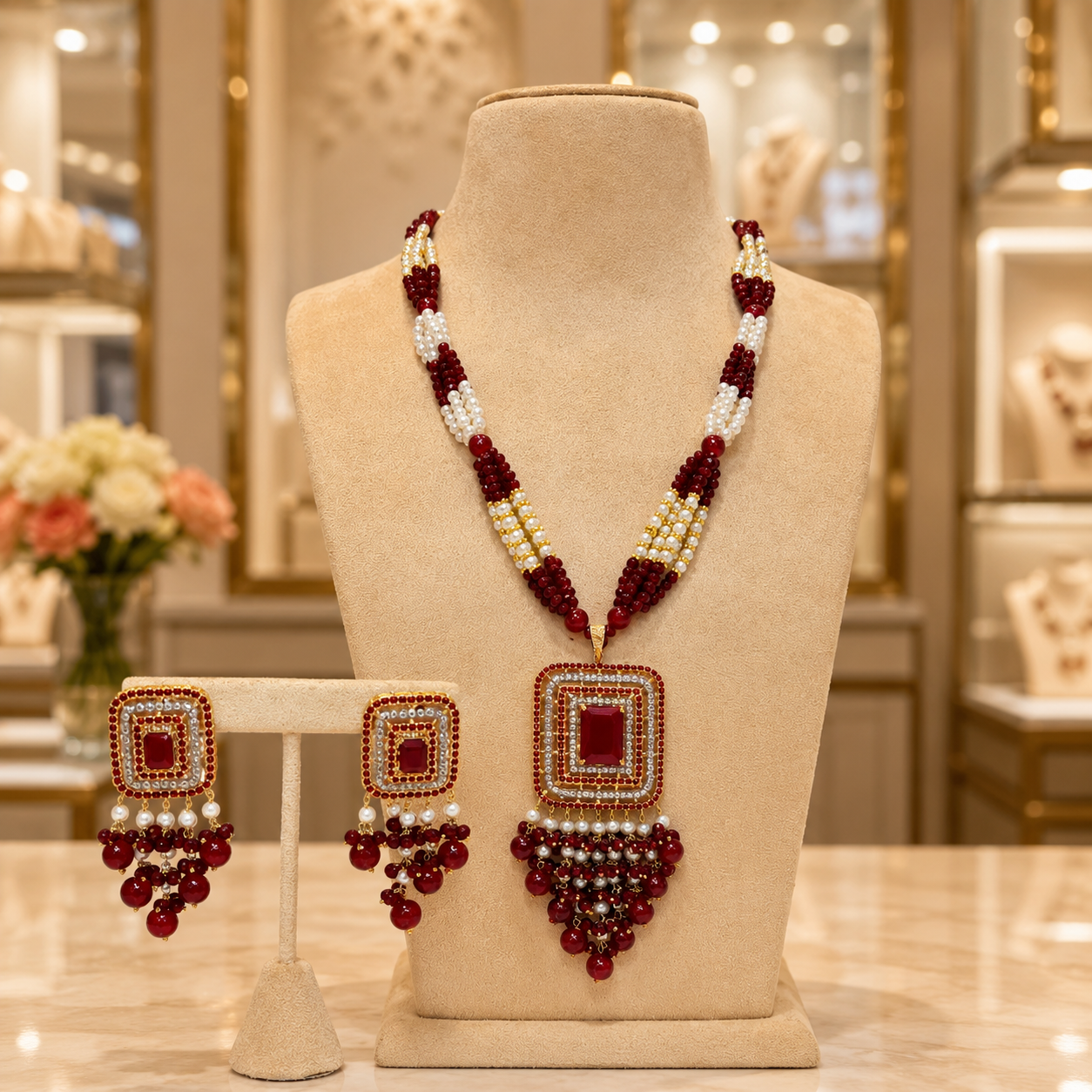 Maroon Beaded Square Pendant Necklace Set with Matching Earrings