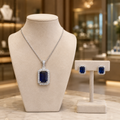 Midnight Sapphire Rectangular Halo Pendant and Stud Set