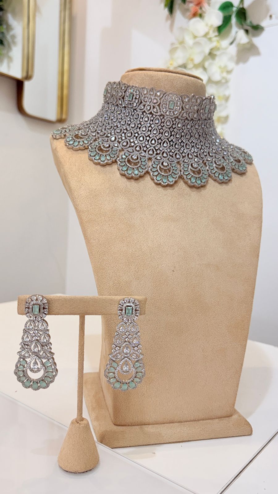 Mint Silver Lace Choker Set with Matching Statement Earrings
