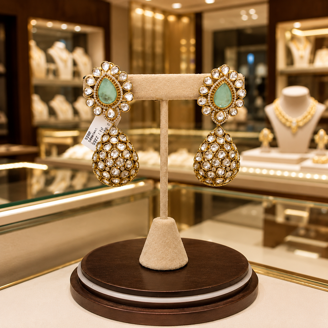 Mint Green Kundan Drop Earrings with Crystal Stones