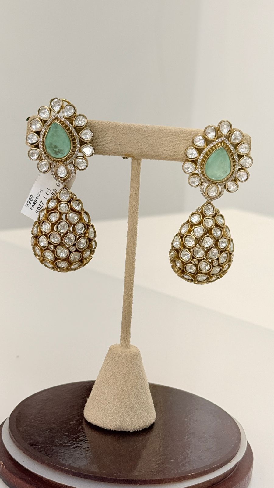 Mint Green Kundan Drop Earrings with Crystal Stones
