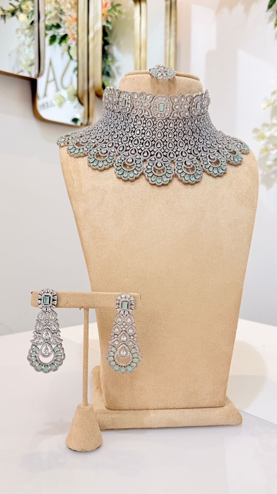 Mint Silver Lace Choker Set with Matching Statement Earrings
