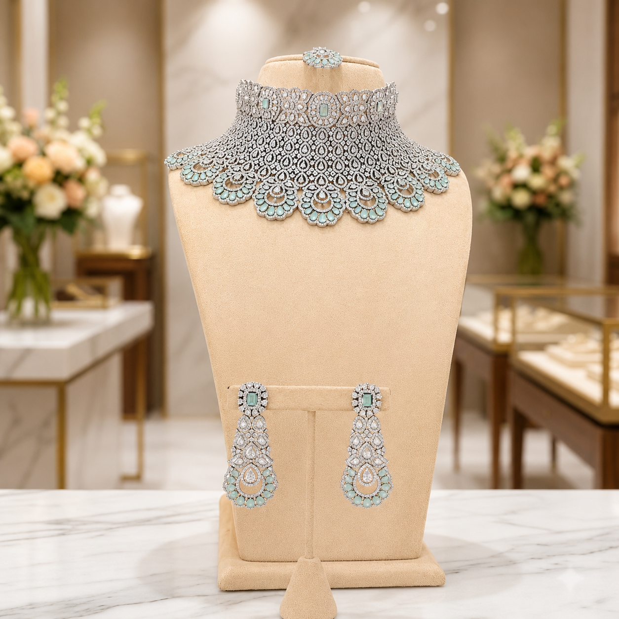 Mint Silver Lace Choker Set with Matching Statement Earrings