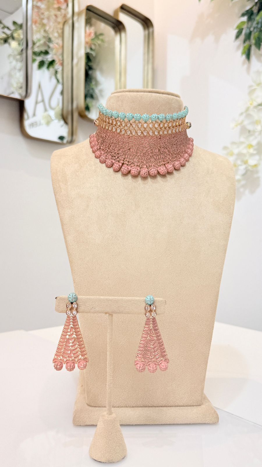 Mint and Peach Mesh Choker Set with Matching Earrings