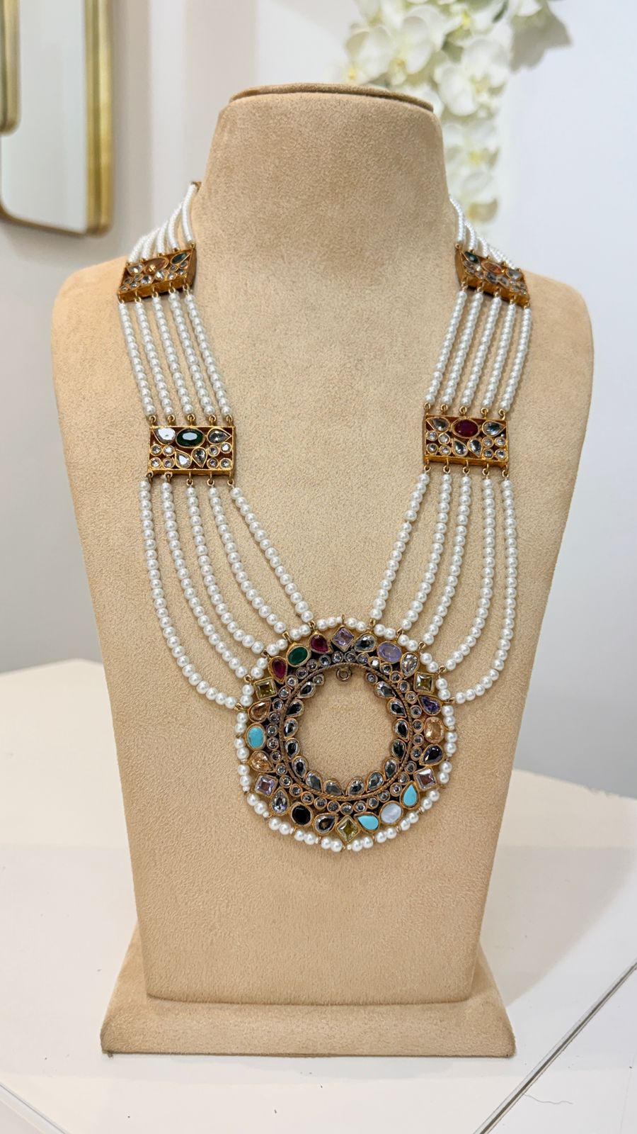 Multi-Layer Pearl Necklace with Multicolour Mirror Pendant