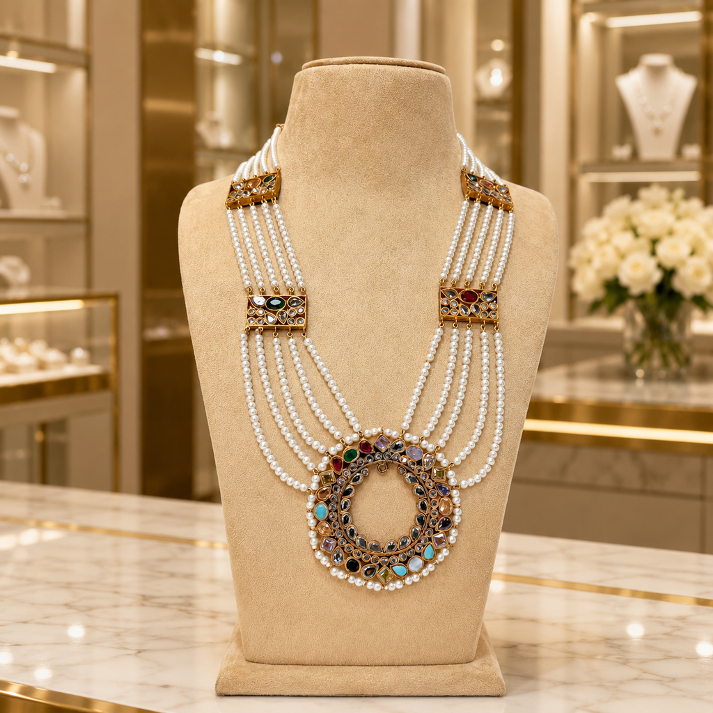 Multi-Layer Pearl Necklace with Multicolour Mirror Pendant
