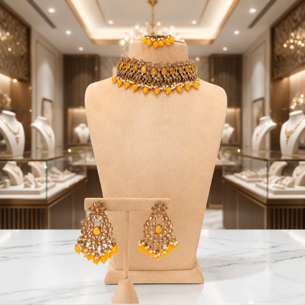 Mustard Yellow Antique Kundan Choker Set with Pearl Drop Earrings