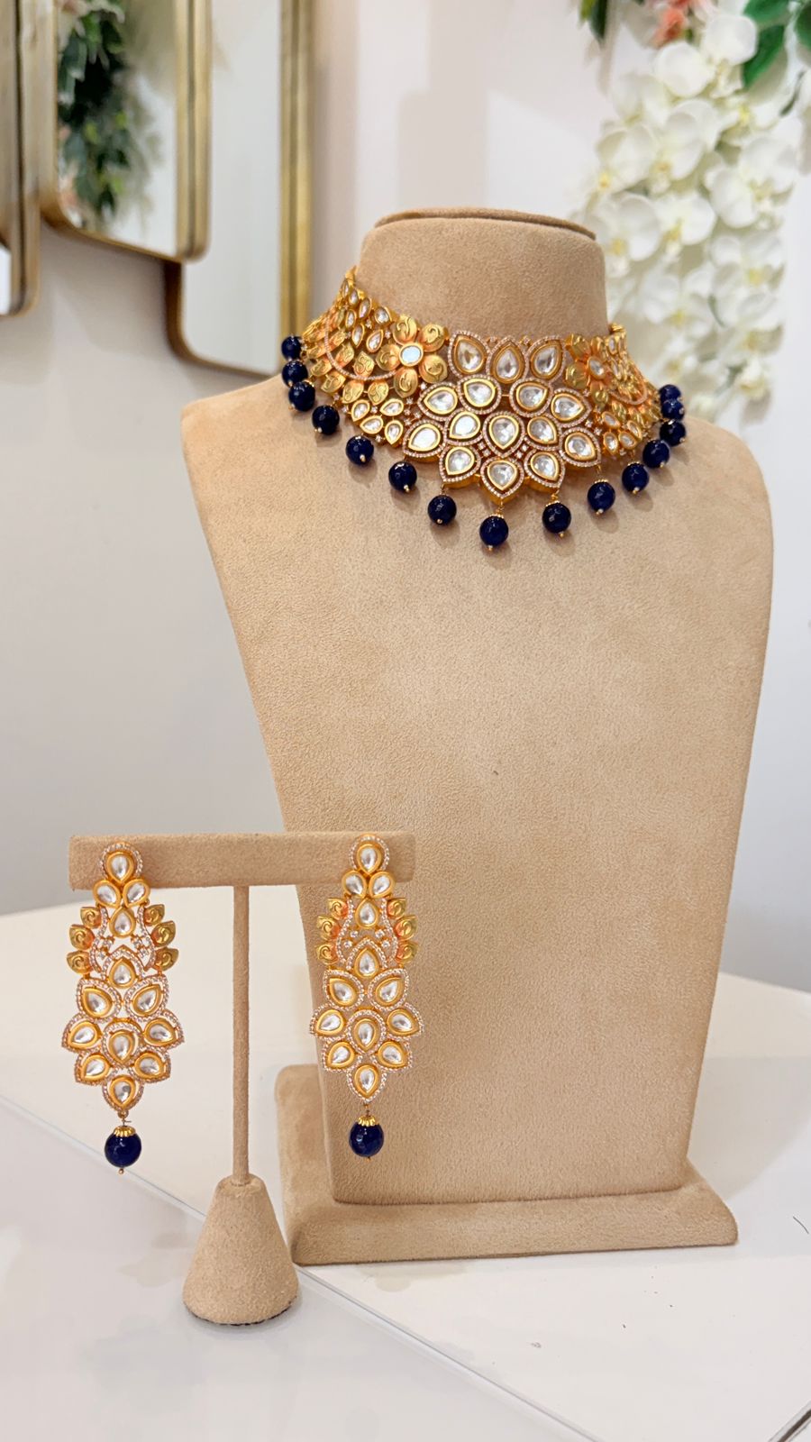 Navy Blue Kundan Choker Set with Matching Statement Earrings