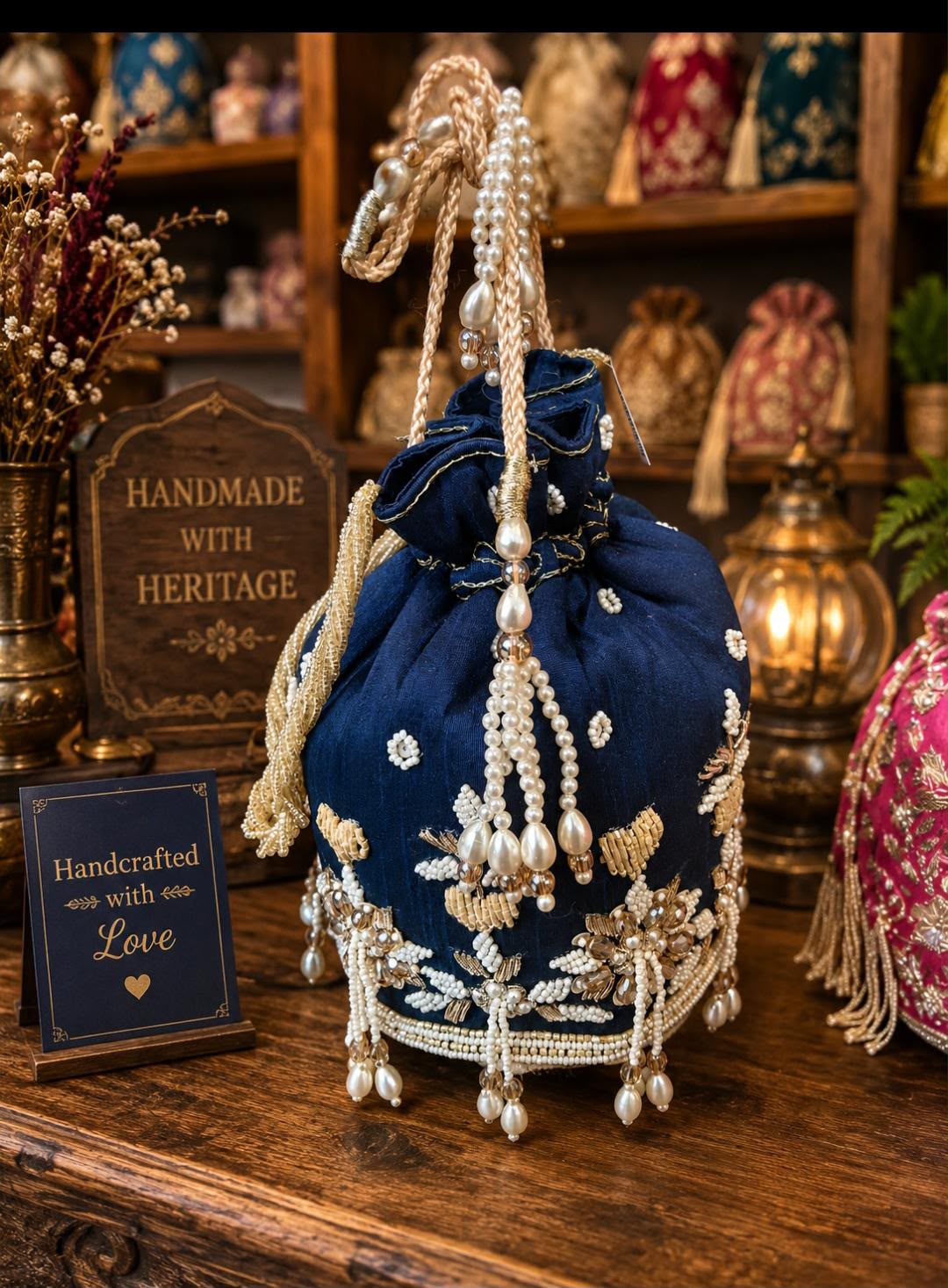 Navy Blue Pearl Embellished Potli Bag