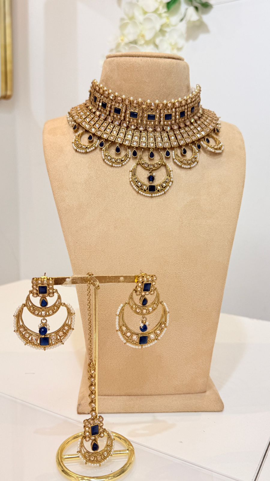 Navy Blue Stone Heritage Choker with Earrings and Maang Tikka