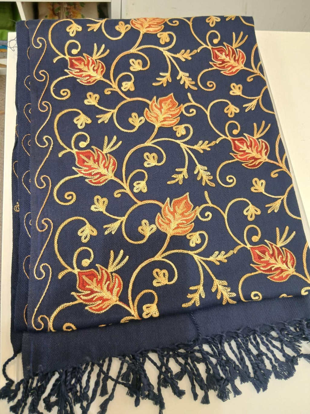 Navy Gold Floral Embroidered Kashmiri Shawl