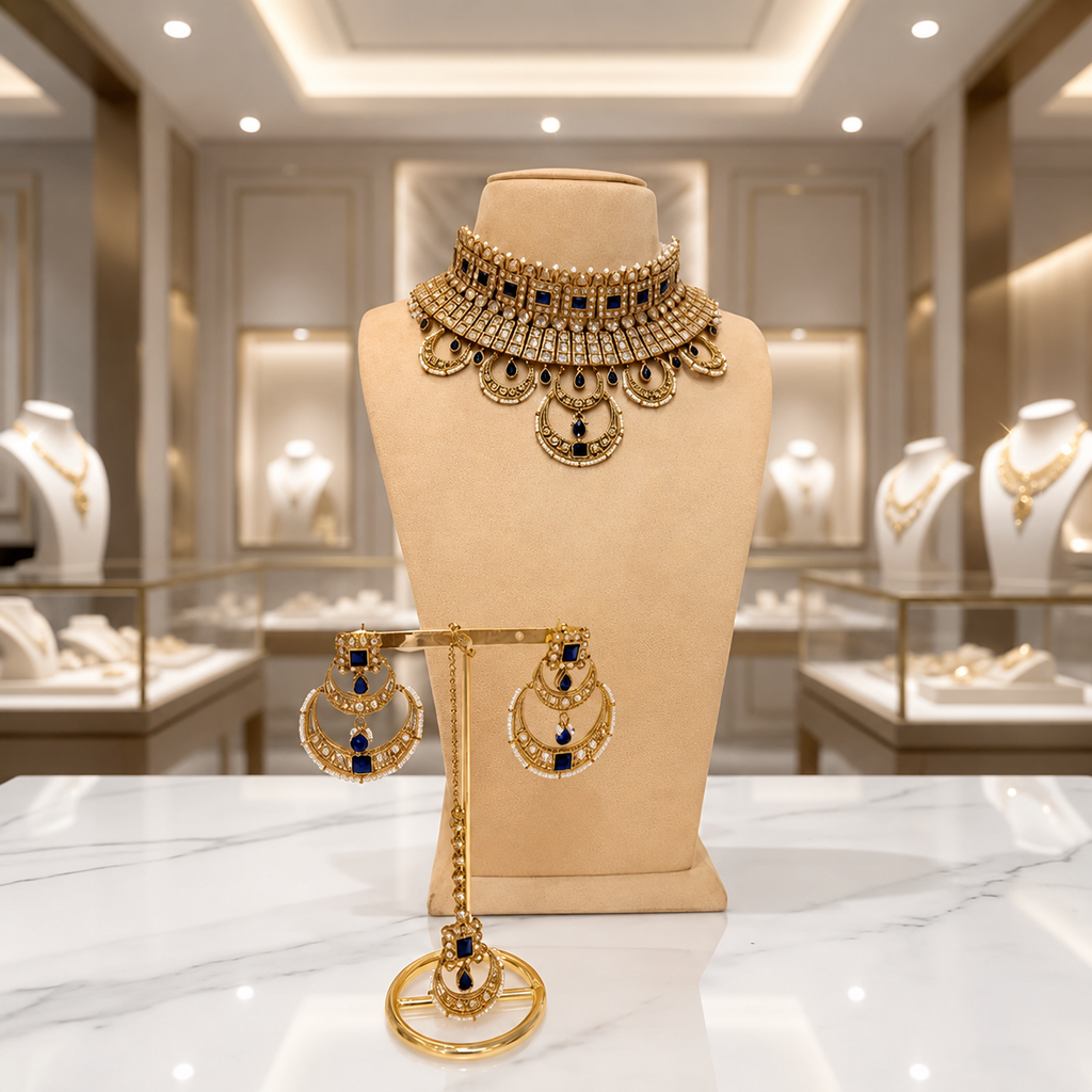 Navy Blue Stone Heritage Choker with Earrings and Maang Tikka