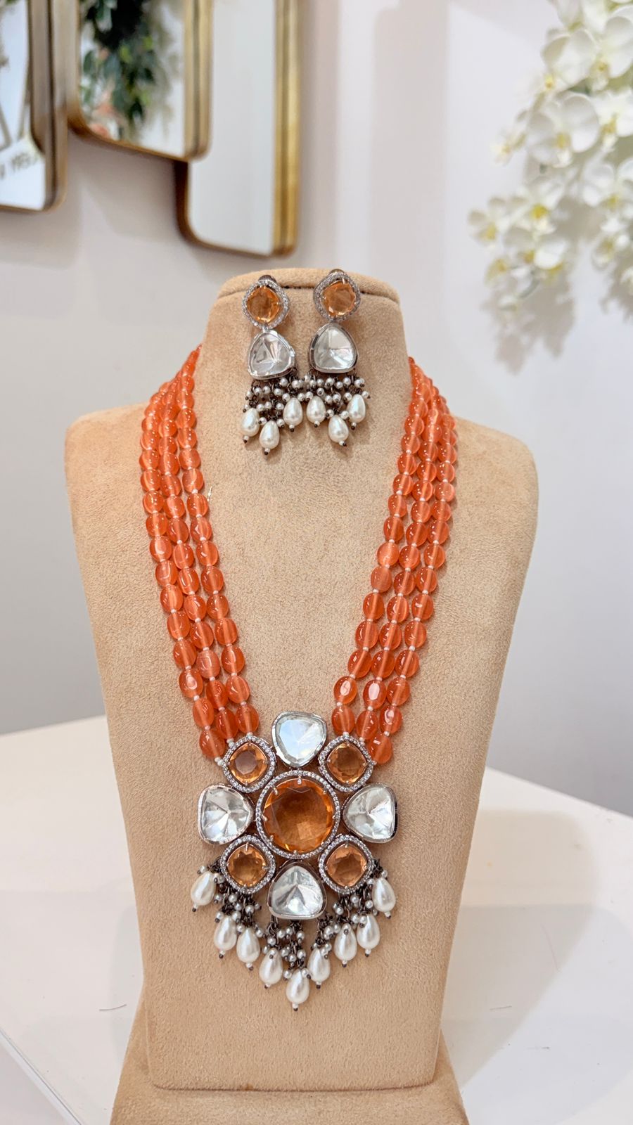 Orange Beaded Statement Necklace Set with Pearl Drop Earrings