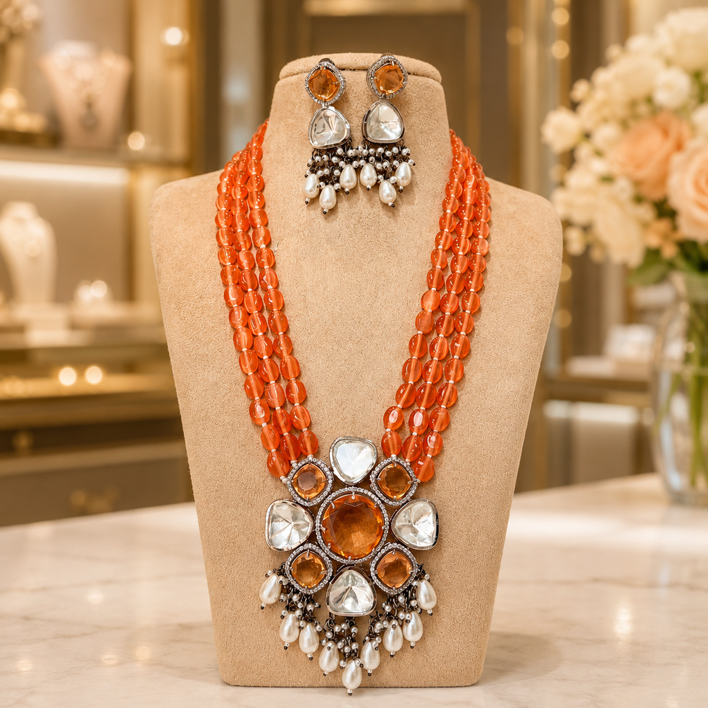 Orange Beaded Statement Necklace Set with Pearl Drop Earrings