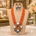 Orange Beaded Statement Necklace Set with Pearl Drop Earrings