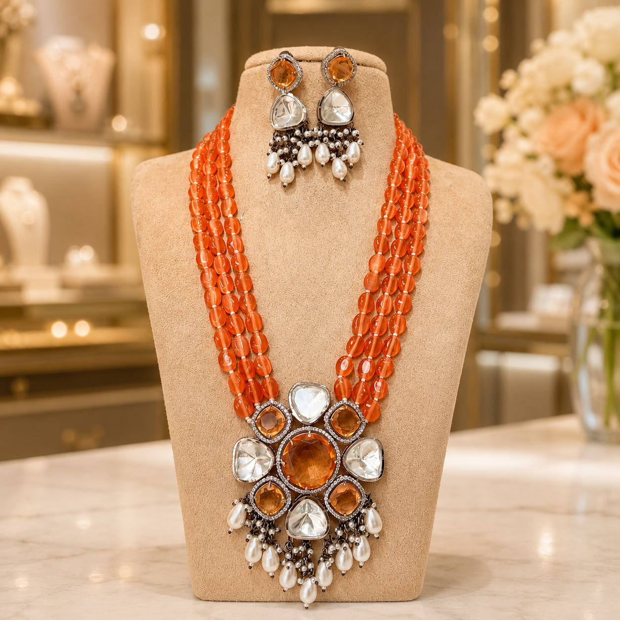Orange Beaded Statement Necklace Set with Pearl Drop Earrings