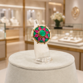 Gold-Tone Green & Pink Floral Statement Ring with Pearl-Style Border