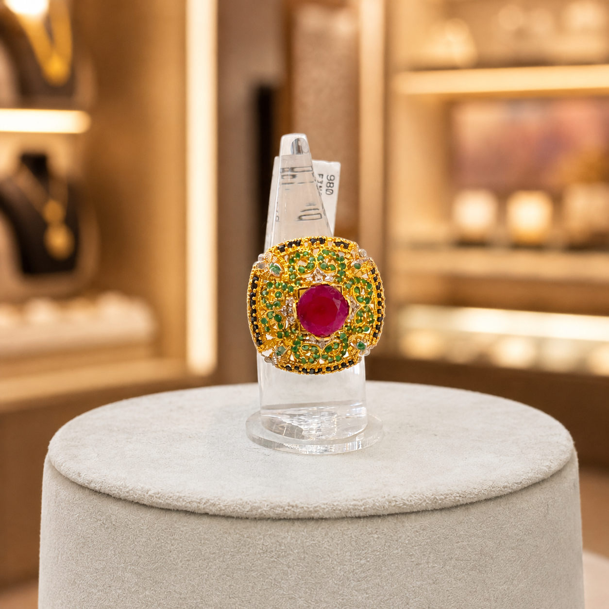 Gold-Tone Ruby Red & Green Statement Ring with Crystal Detailing