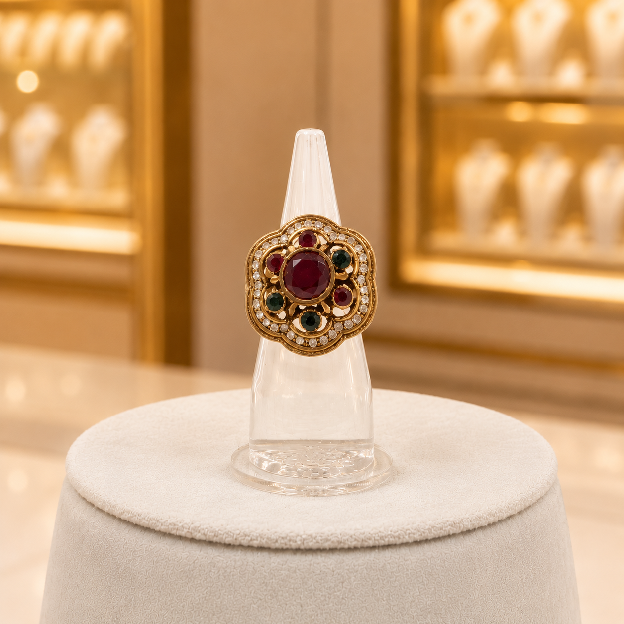 Gold-Tone Maroon & Green Stone Cluster Ring