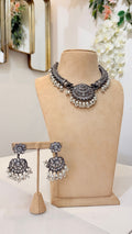 Oxidised Silver Pearl Choker Set with Floral Earrings