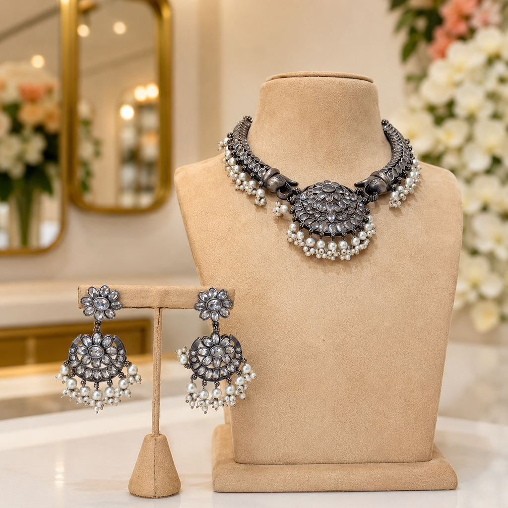 Oxidised Silver Pearl Choker Set with Floral Earrings