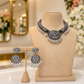 Oxidised Silver Pearl Choker Set with Floral Earrings