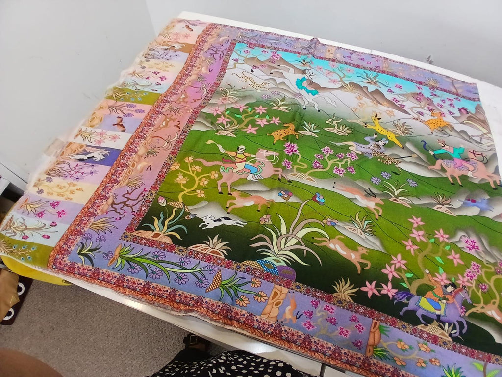 Pastel Garden Hunt Scenic Kashmiri Luxury Printed Silk Shawl