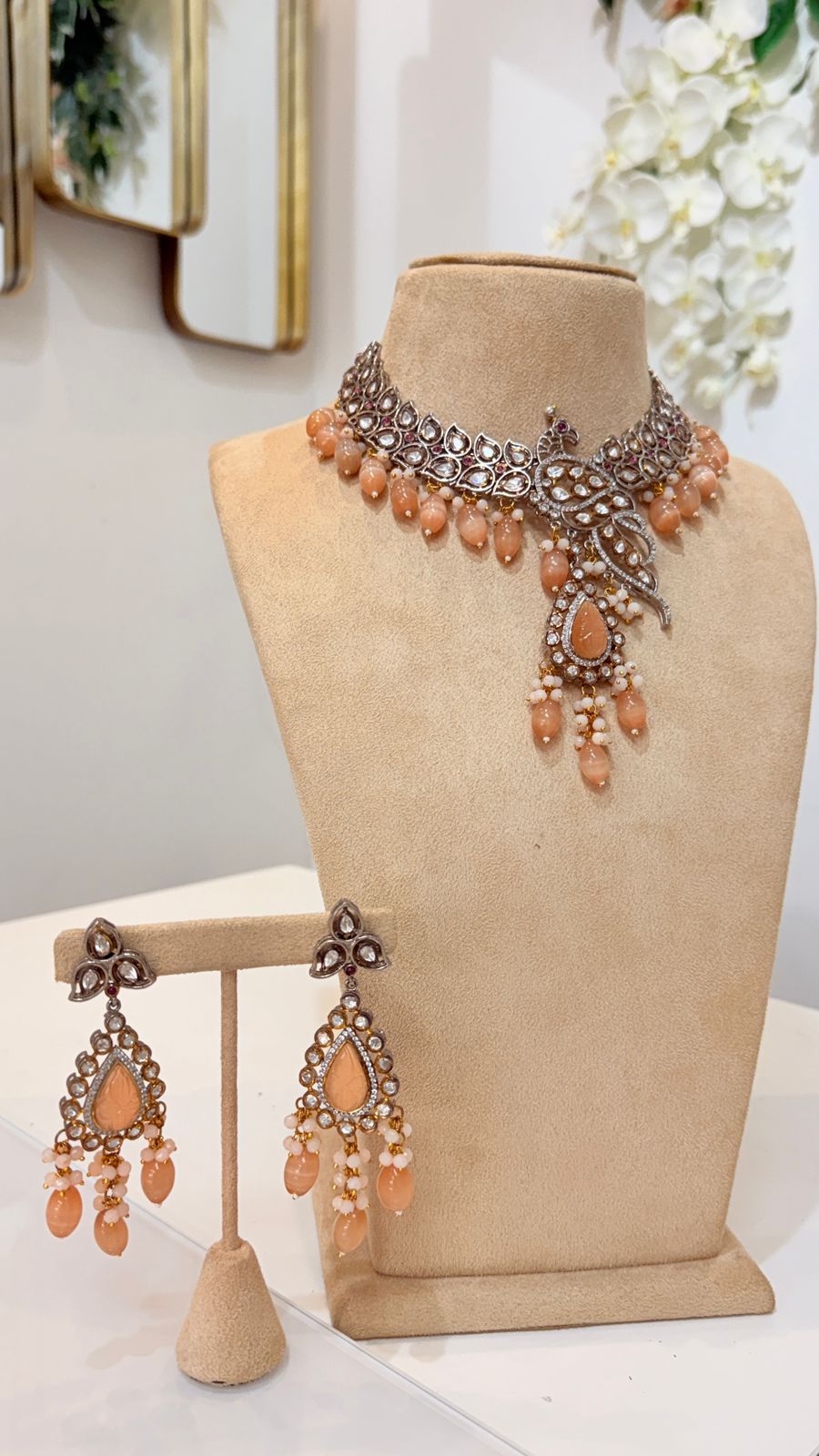 Peach Bead Peacock Choker Set with Matching Drop Earrings