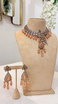 Peach Bead Peacock Choker Set with Matching Drop Earrings