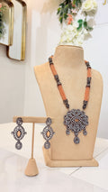 Peach Beaded Oxidised Pendant Necklace Set with Matching Earrings