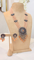 Peach Beaded Oxidised Pendant Necklace Set with Matching Earrings