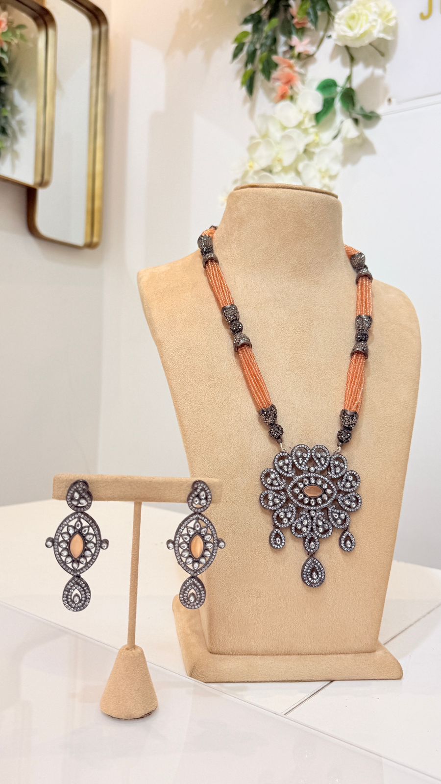 Peach Beaded Oxidised Statement Pendant Necklace Set with Matching Earrings
