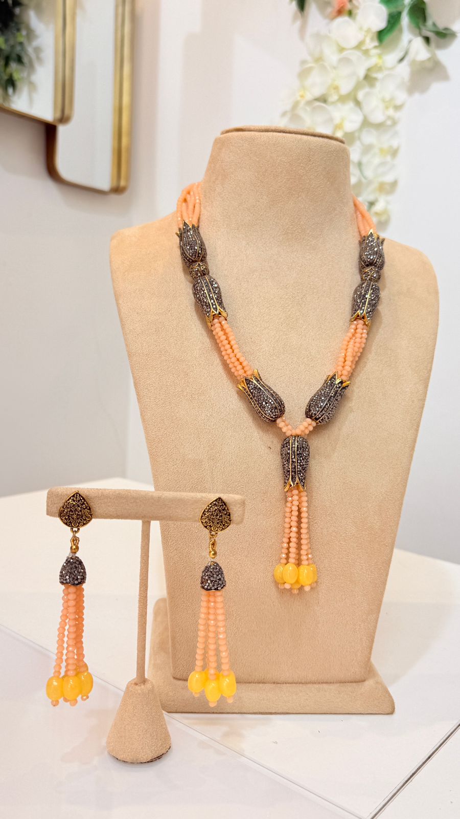 Peach Beaded Oxidised Tassel Necklace Set with Matching Earrings