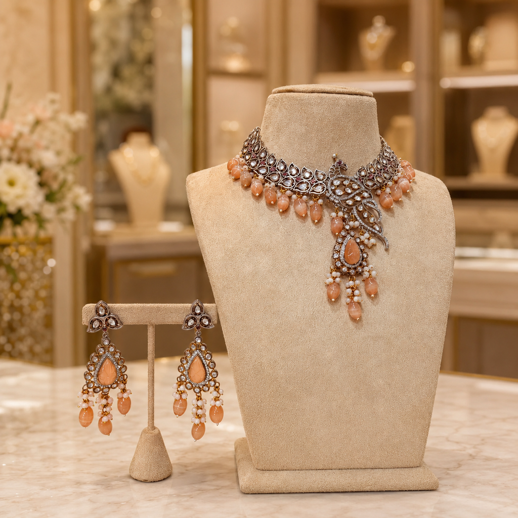 Peach Bead Peacock Choker Set with Matching Drop Earrings