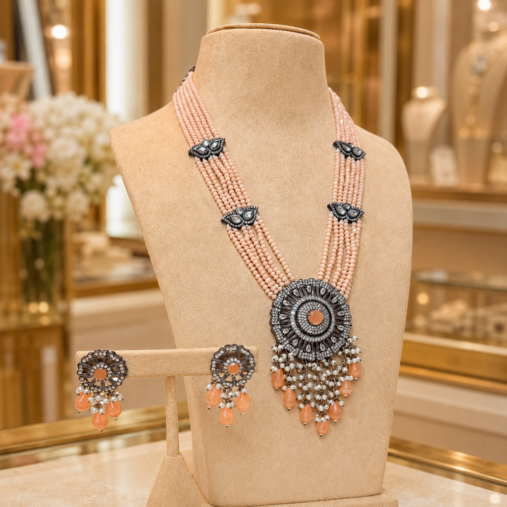 Peach Beaded Oxidised Pendant Necklace Set with Matching Earrings