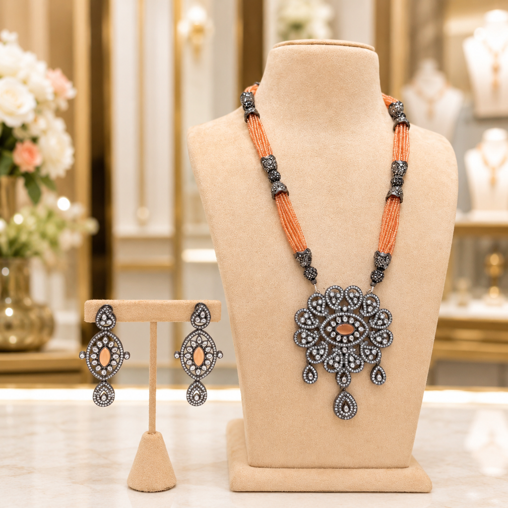 Peach Beaded Oxidised Statement Pendant Necklace Set with Matching Earrings