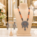 Peach Beaded Oxidised Statement Pendant Necklace Set with Matching Earrings