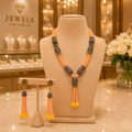 Peach Beaded Oxidised Tassel Necklace Set with Matching Earrings