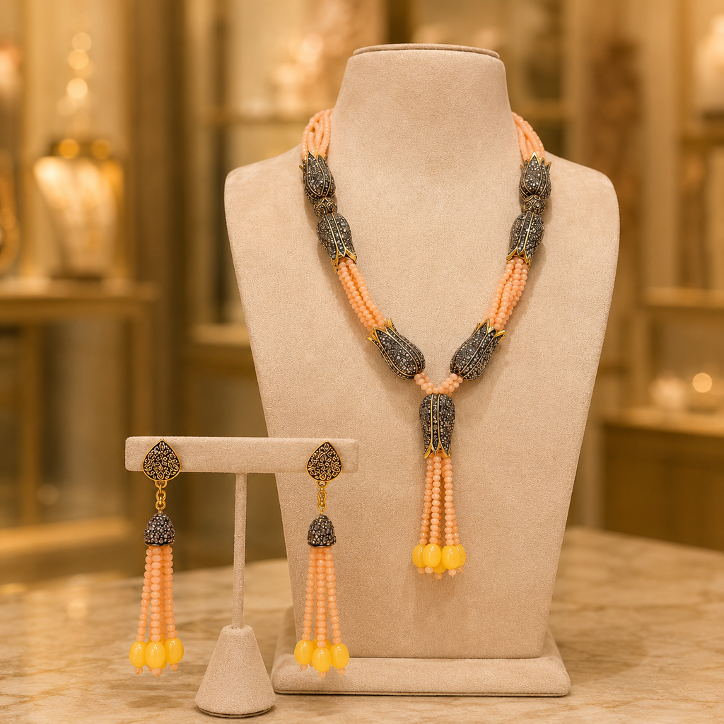 Peach Beaded Tassel Necklace Set with Yellow Drop Earrings