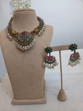 Peacock Style Green Pink Kundan Choker Set with Pearl Earrings